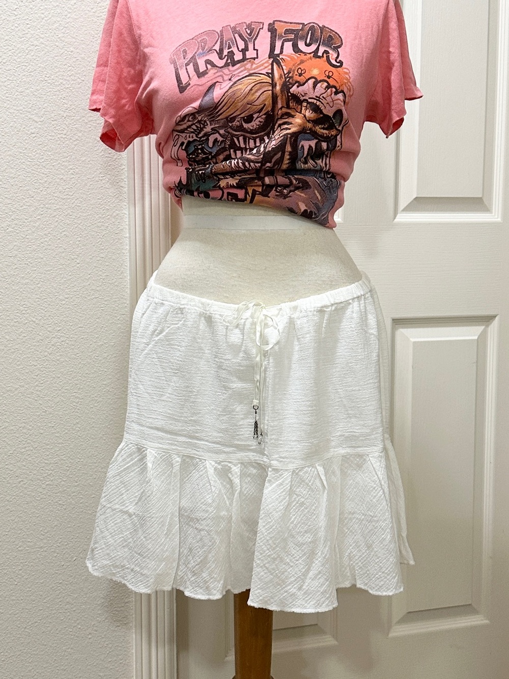 Abercrombie & Fitch White Cotton Gauze Tiered Drawstring Waist Mini Skirt - L